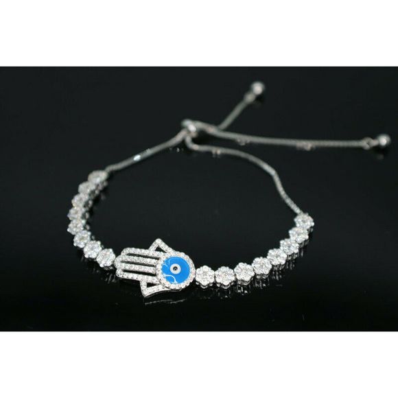 Hamsa Hand Bracelet 925 Silver Micro Pave Fatima - Picture 1 of 4